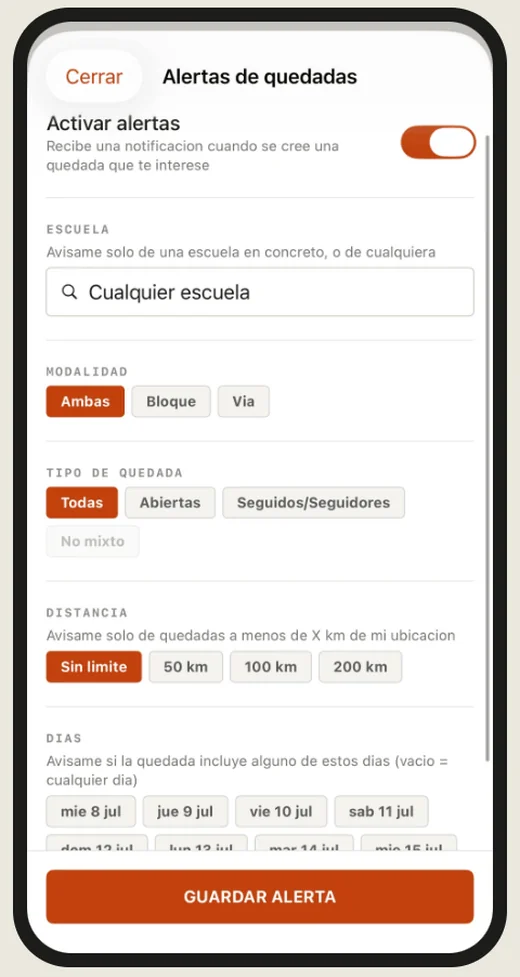 Alerta configurable que avisa cuando sale una quedada que encaja